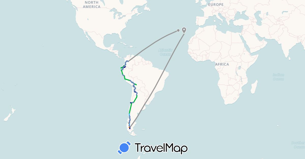 TravelMap itinerary: driving, bus, plane, cycling, hiking, boat, hitchhiking in Argentina, Bolivia, Chile, Colombia, Ecuador, France, Peru (Europe, South America)